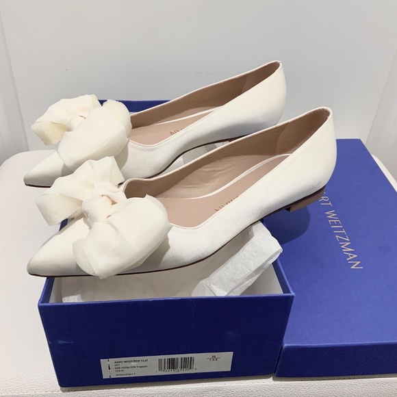 Stuart Weitzman ANNY MESH White Silk Satin Bow Flats Pointed Toe Bridal Shoe 7.5 - Picture 11 of 13